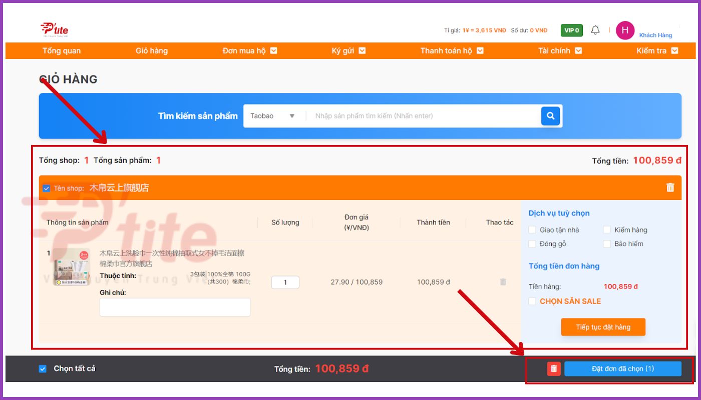 Bấm đặt đơn đã chọn để tạo đơn order hộ hàng Taobao