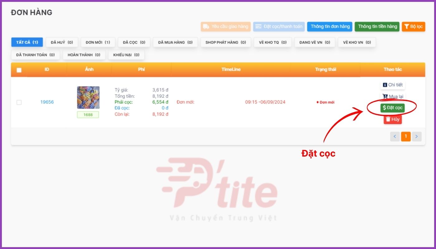 tiến hành đặt cọc đơn hàng 