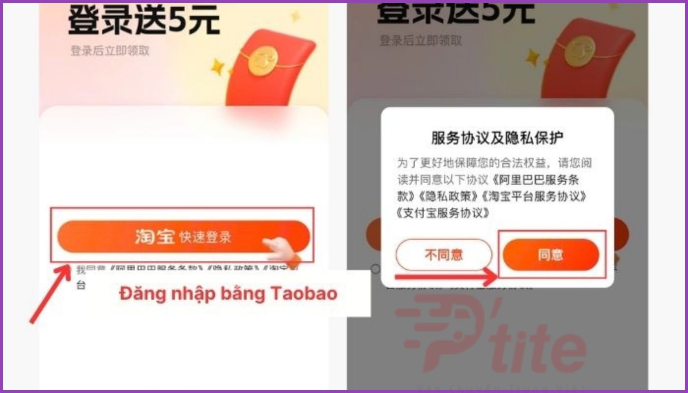 Nhấn chọn “淘宝快速登录” và “同意” để đăng ký tài khoản 1688