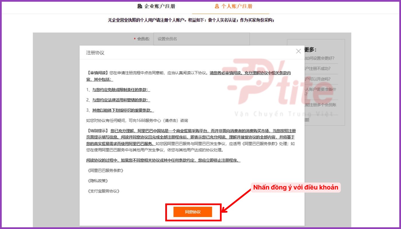 Đồng ý điểu khoản đăng ký tài khoản 1688