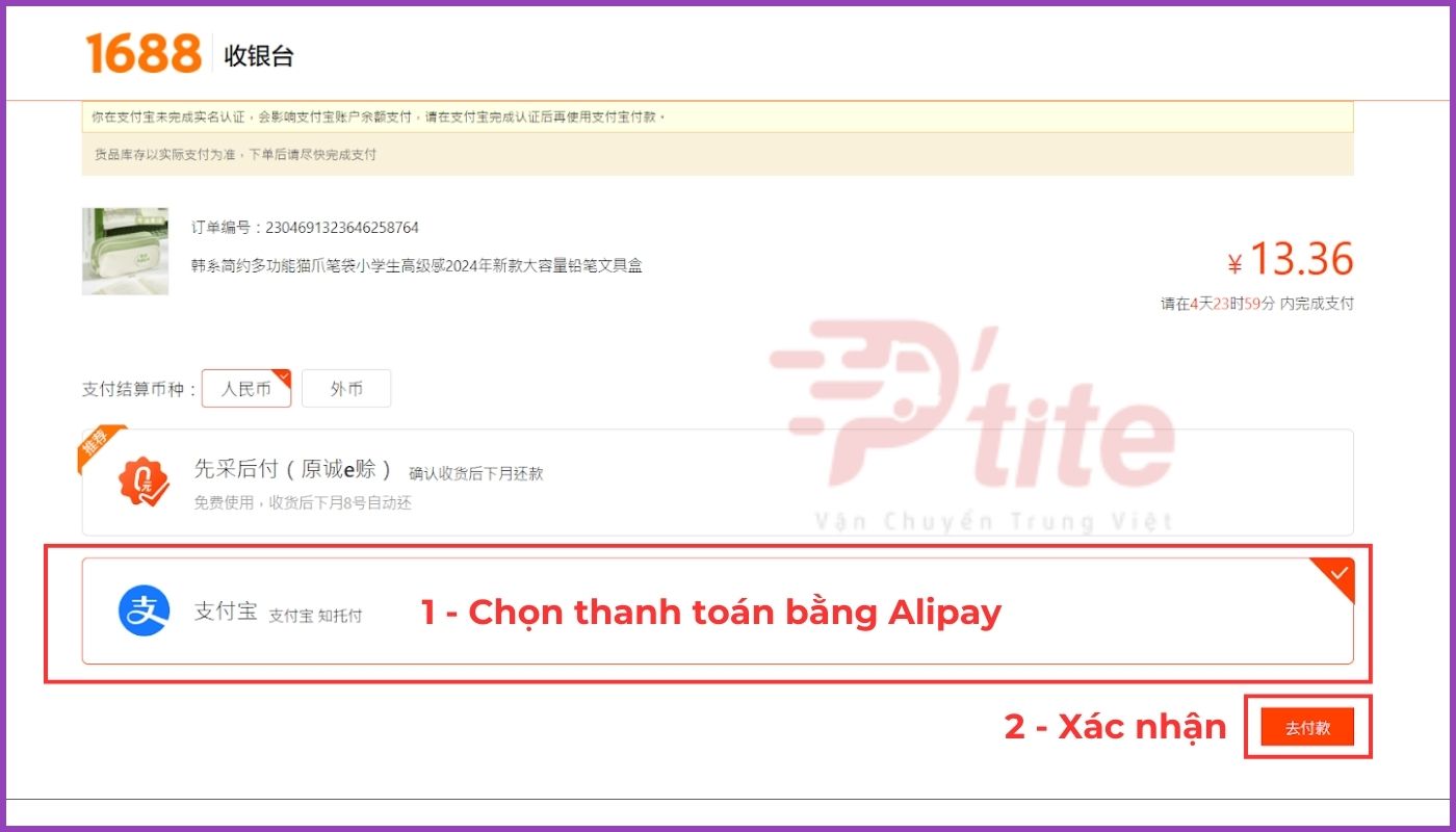 Sử dụng hình thức thanh toán hộ 1688 bằng Alipay