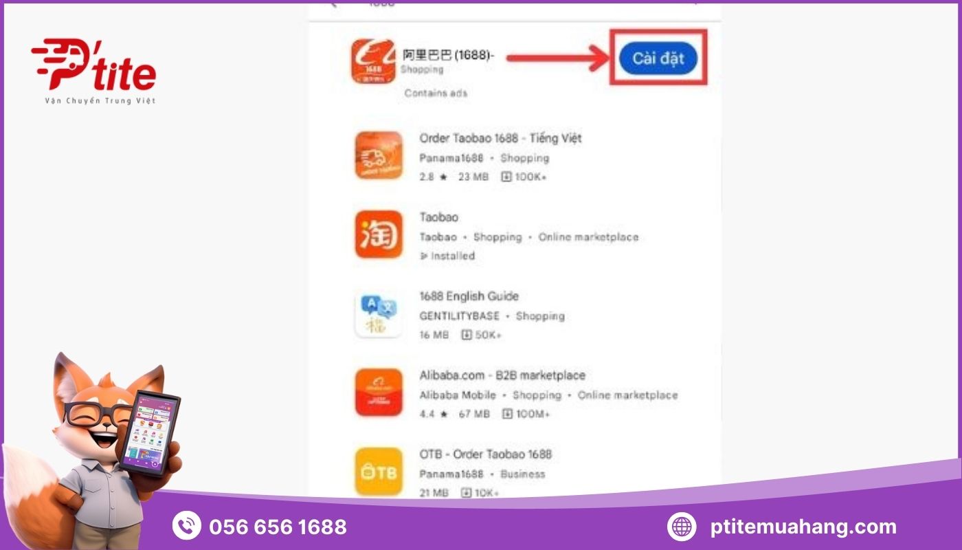 Cách tải app 1688 trên điện thoại Android – Nhấn chọn nút “Cài đặt” để tải