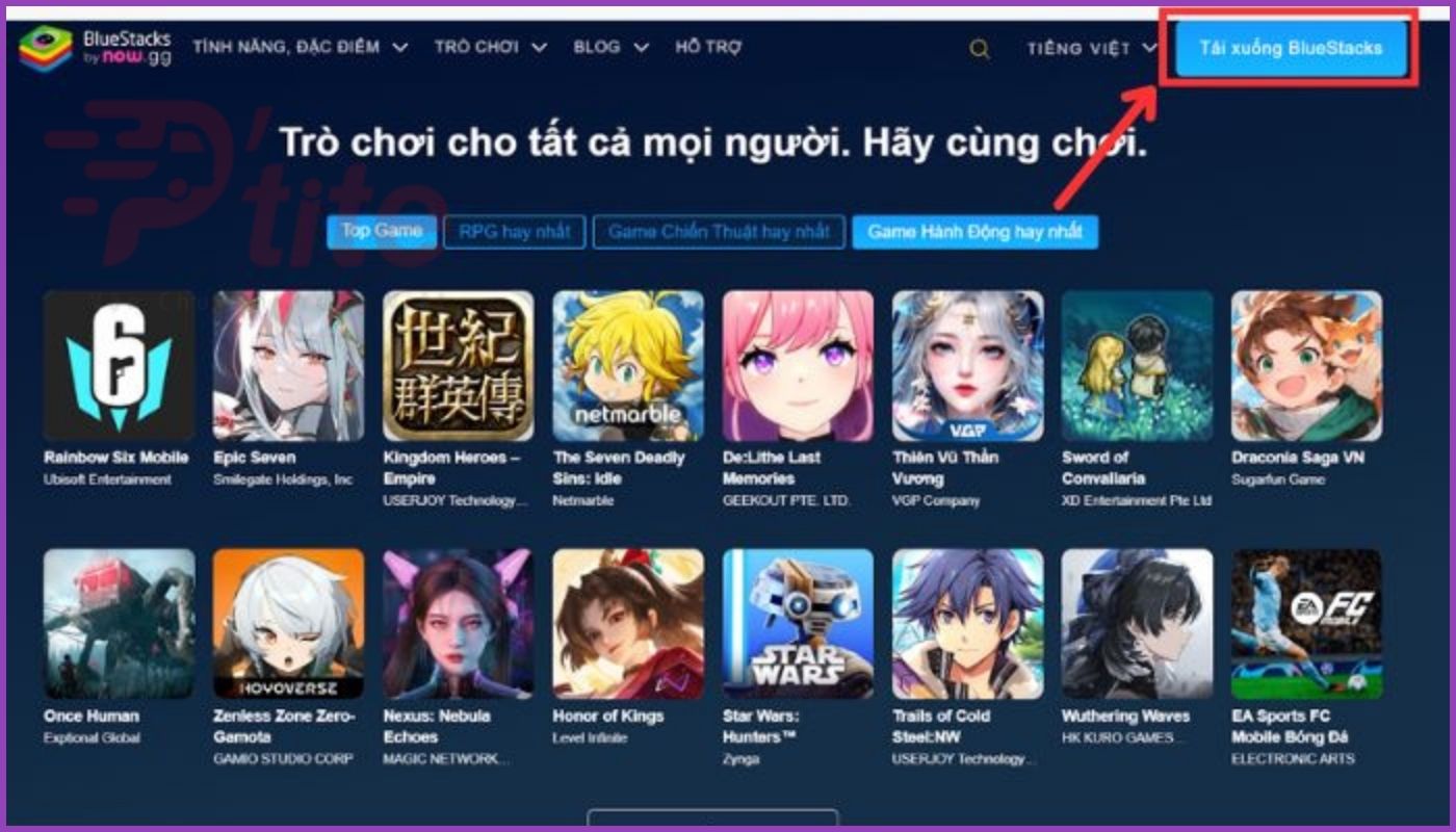 Nhấn chọn “Tải xuống BlueStacks” để tải phần mềm giả định về máy tính