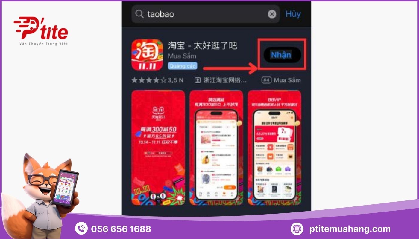 Cách tải app Taobao trên điện thoại iOS – Nhấn chọn nút “Nhận” để tải