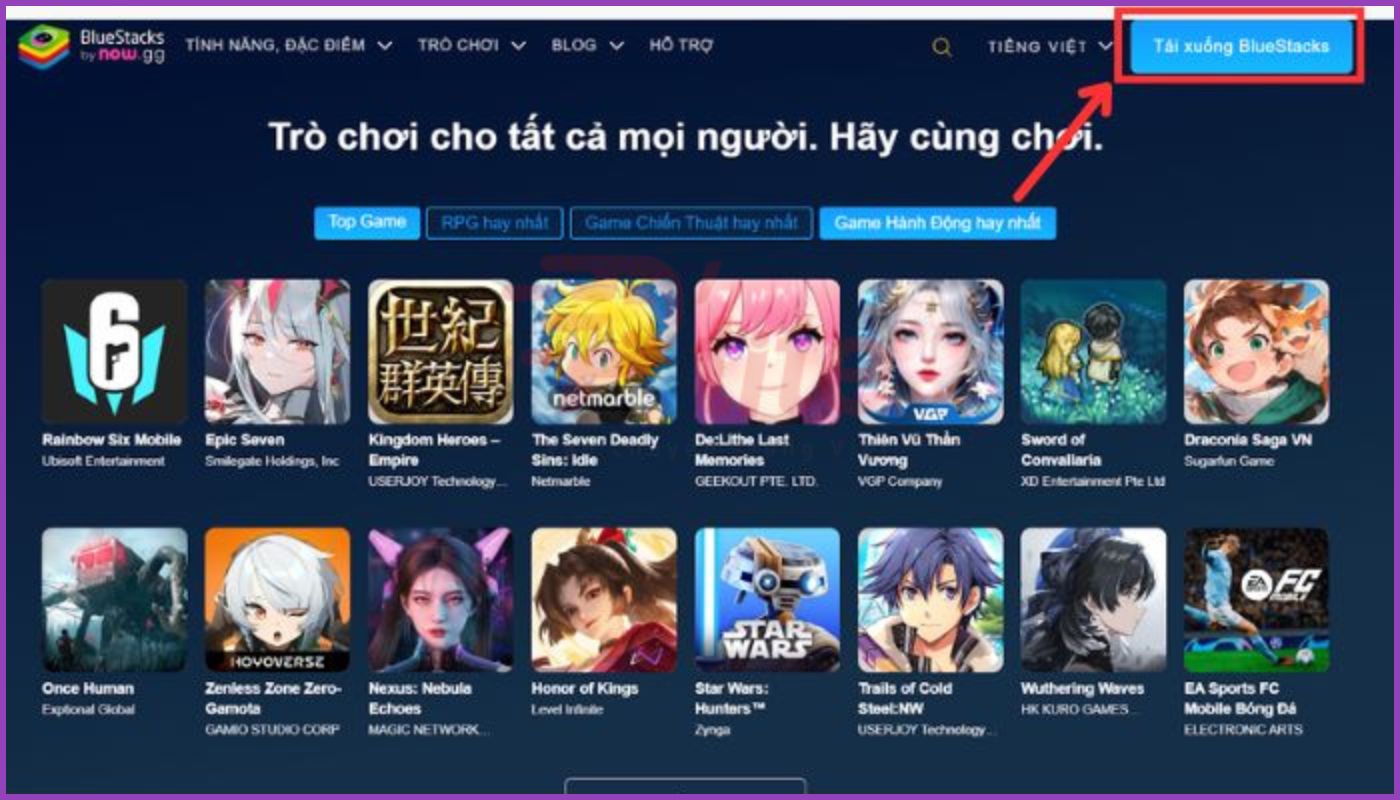 Nhấn chọn “Tải xuống BlueStacks” để tải phần mềm