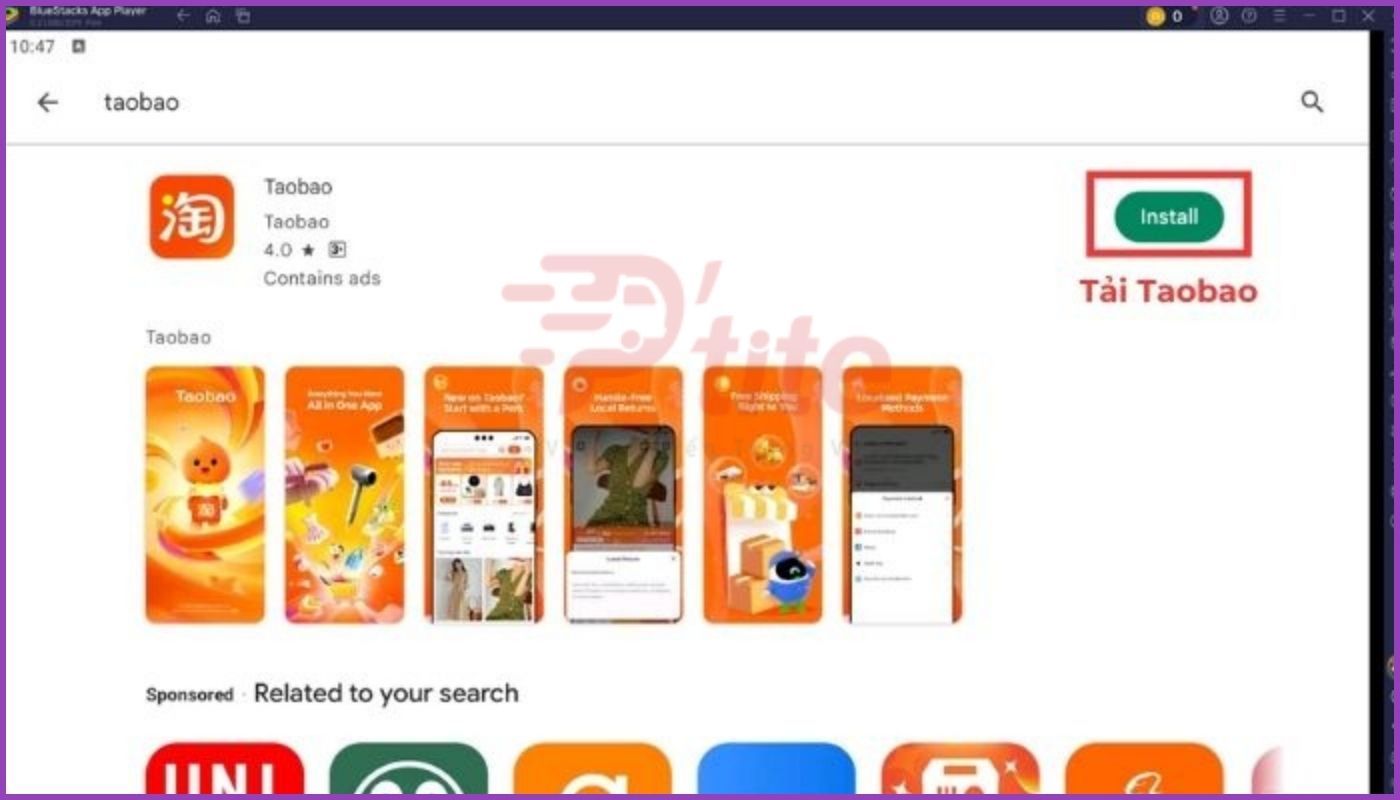 Cách tải app Taobao về máy tính – Nhấn chọn “Install” để tải ứng dụng