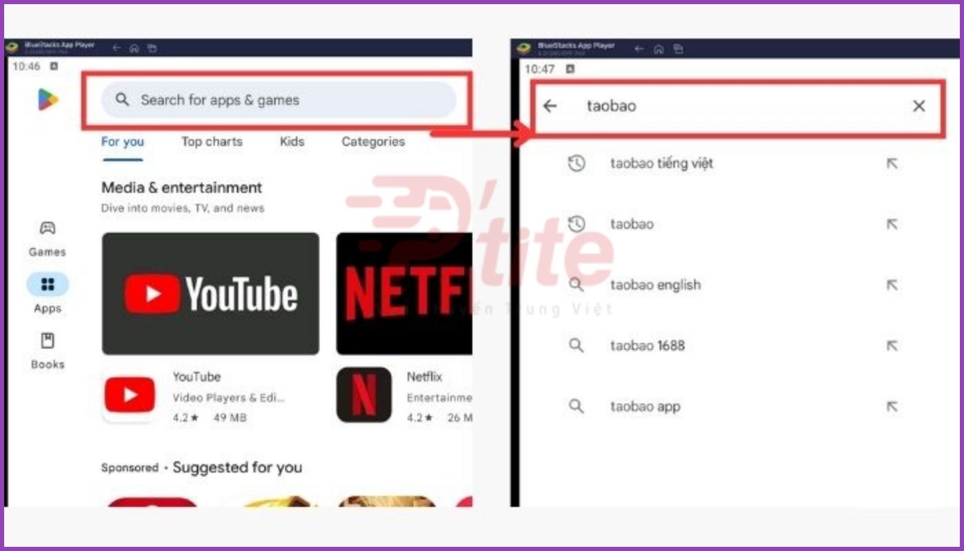 Nhập từ khóa tìm kiếm ứng dụng Taobao trên BlueStacks