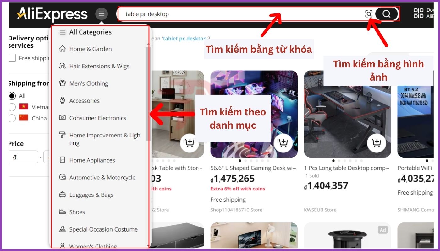 Tìm sản phẩm cần mua hàng AliExpress