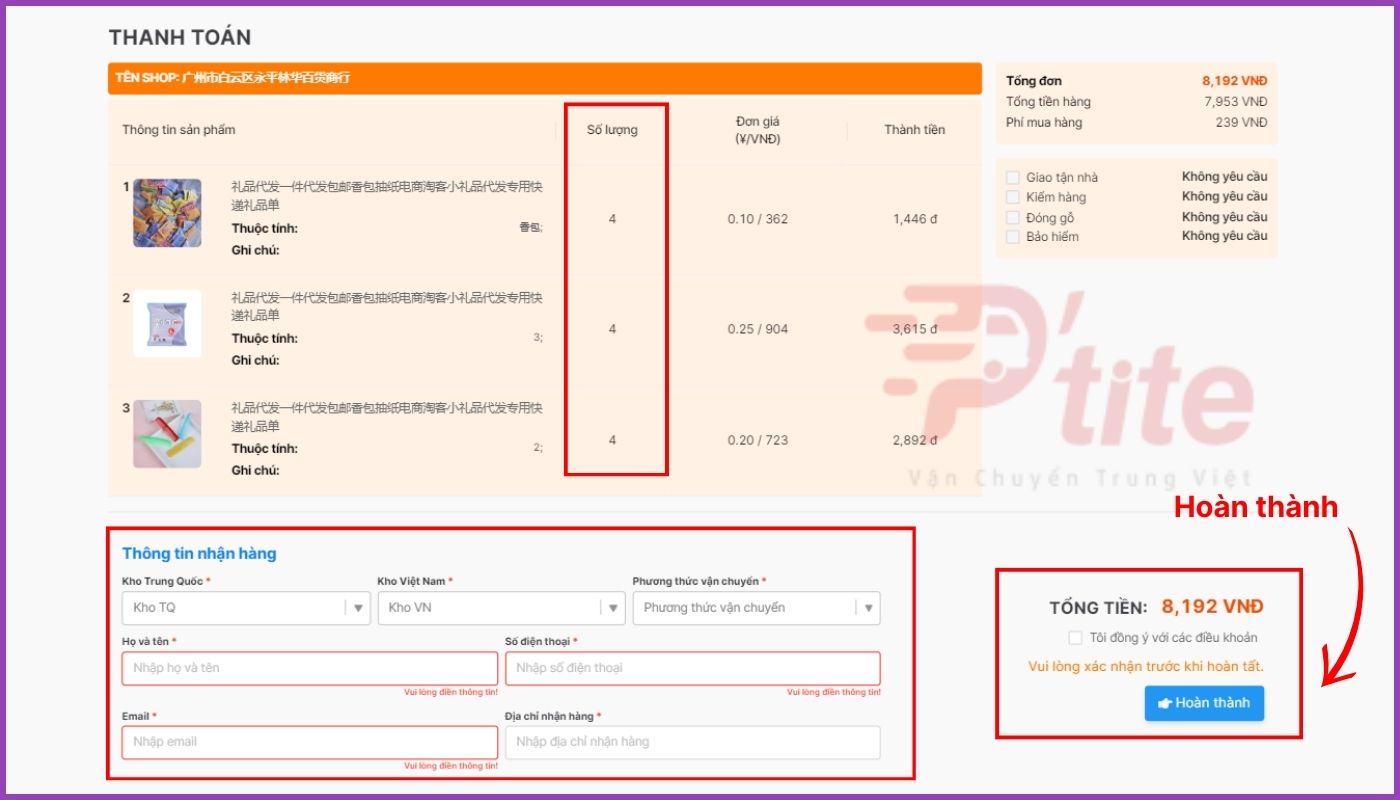Xác nhận Hoàn thành để hoàn tất quy trình mua hàng qua trung gian