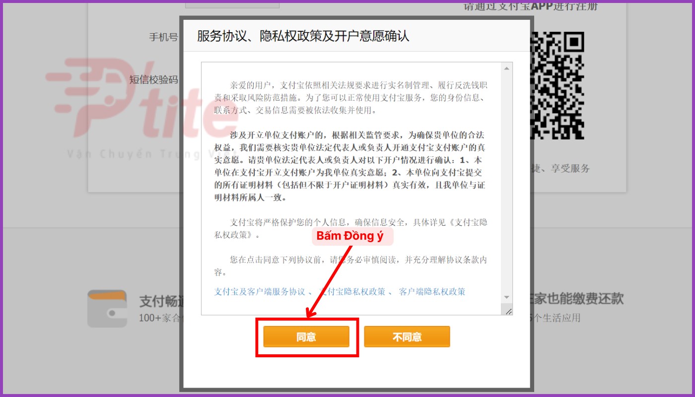 Bấm nút đồng ý với các điều khoản và chính sách bảo mật của Alipay