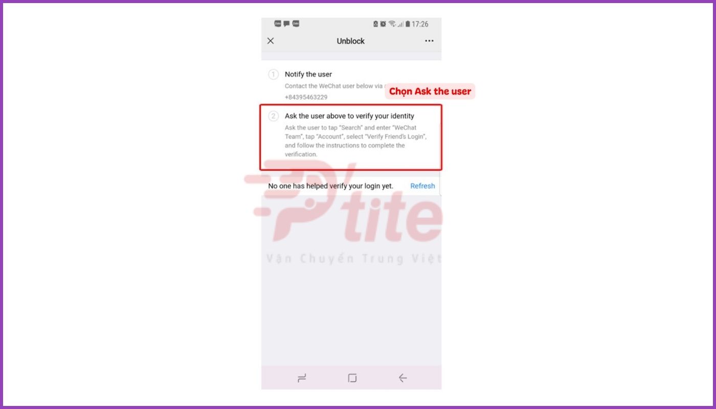Chọn Ask the user above to verify your identity” và nhờ bạn mình xác minh hộ tài khoản