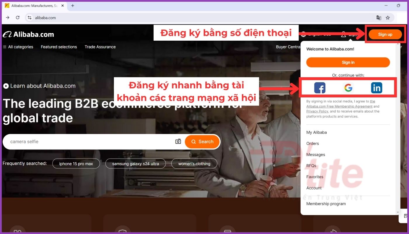 Chọn các hình thức đăng ký Alibaba