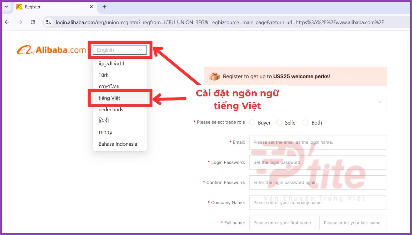 Cài đặt ngôn ngữ Tiếng Việt trên Alibaba