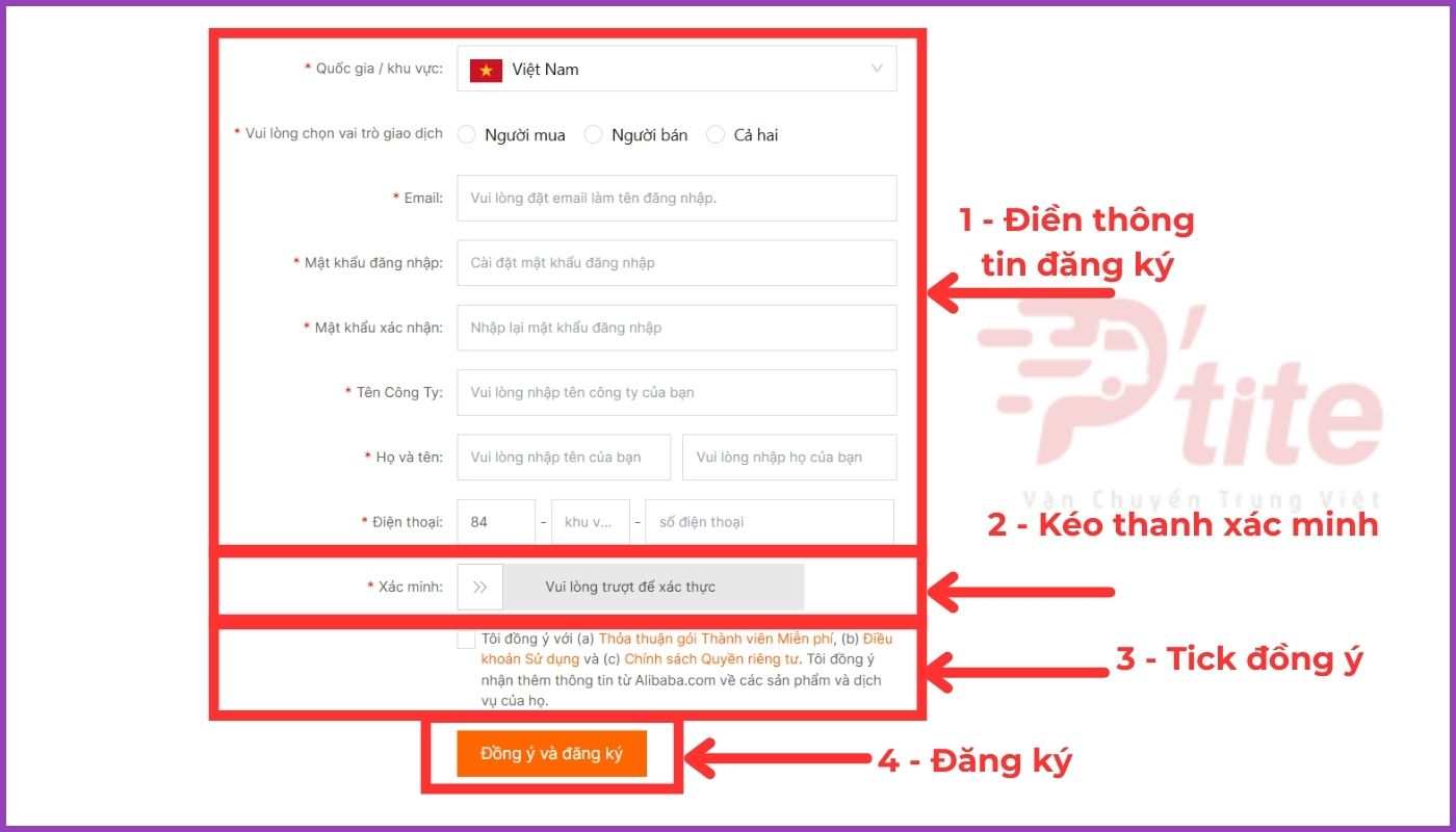 điền các thông tin cá nhân để đăng ký tài khoản alibaba