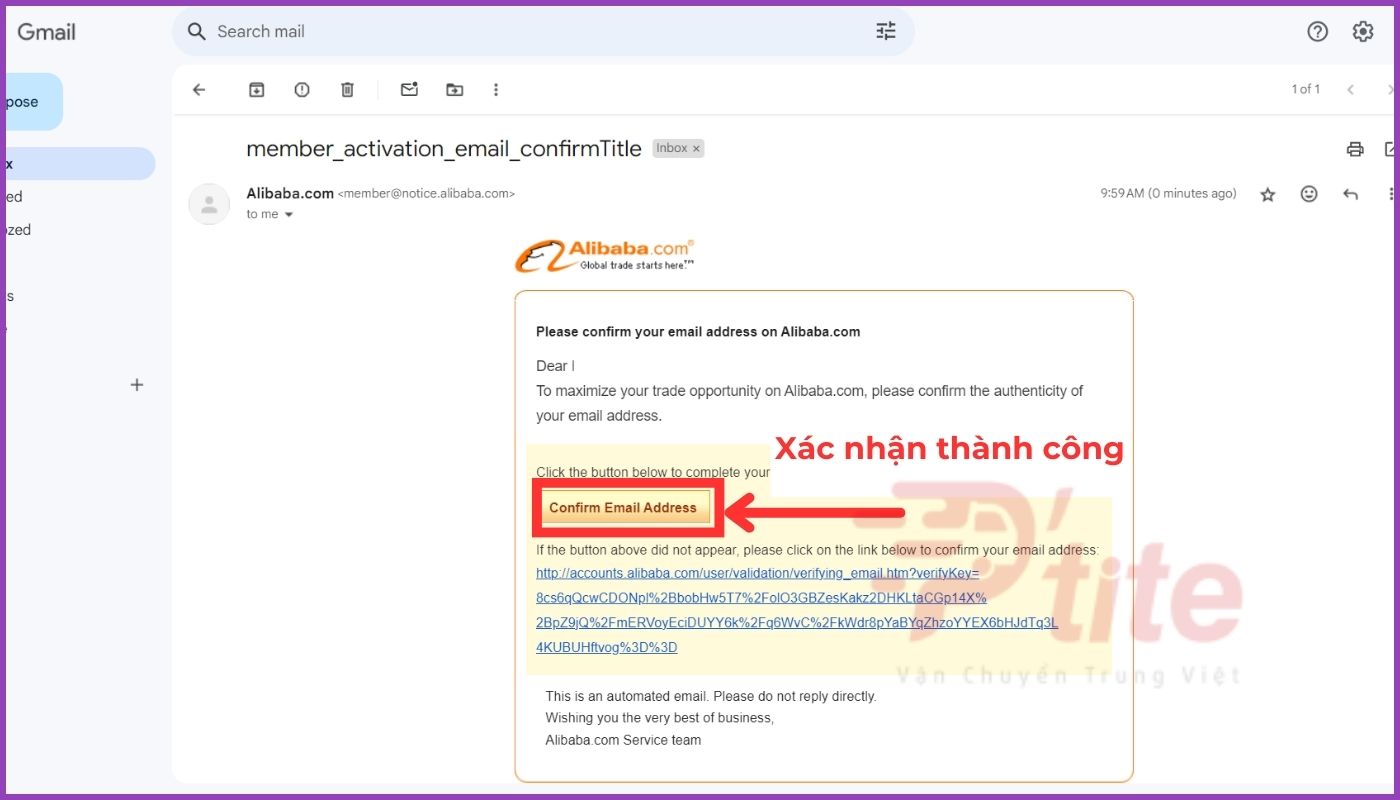 Xác nhận email để đăng ký tài khoản alibaba thành công