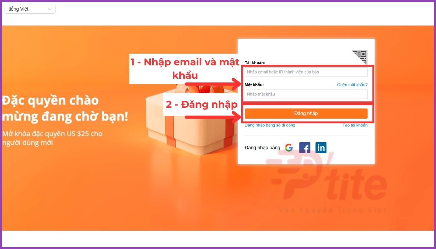 Điền thông tin để đăng nhập tài khoản Alibaba