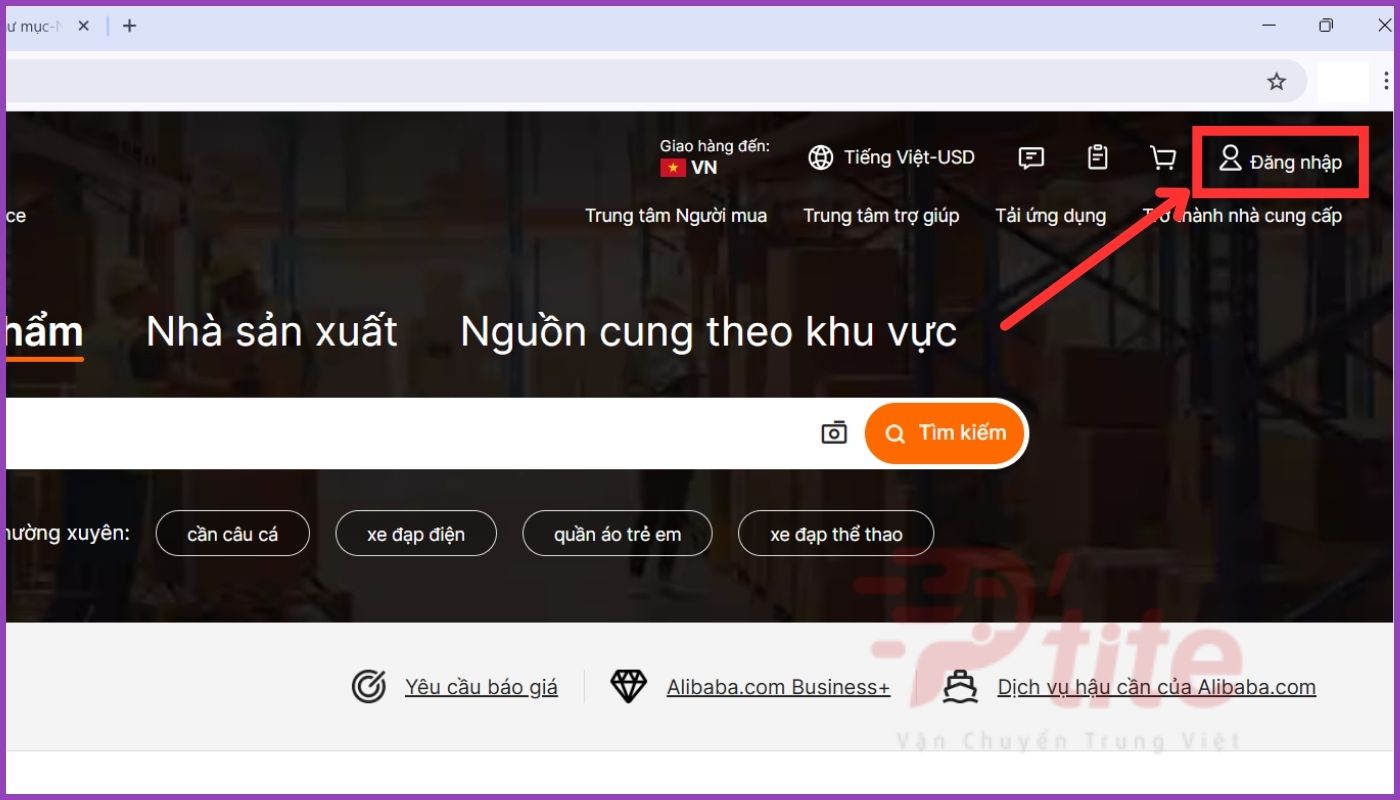 Chọn đăng nhập trên Alibaba