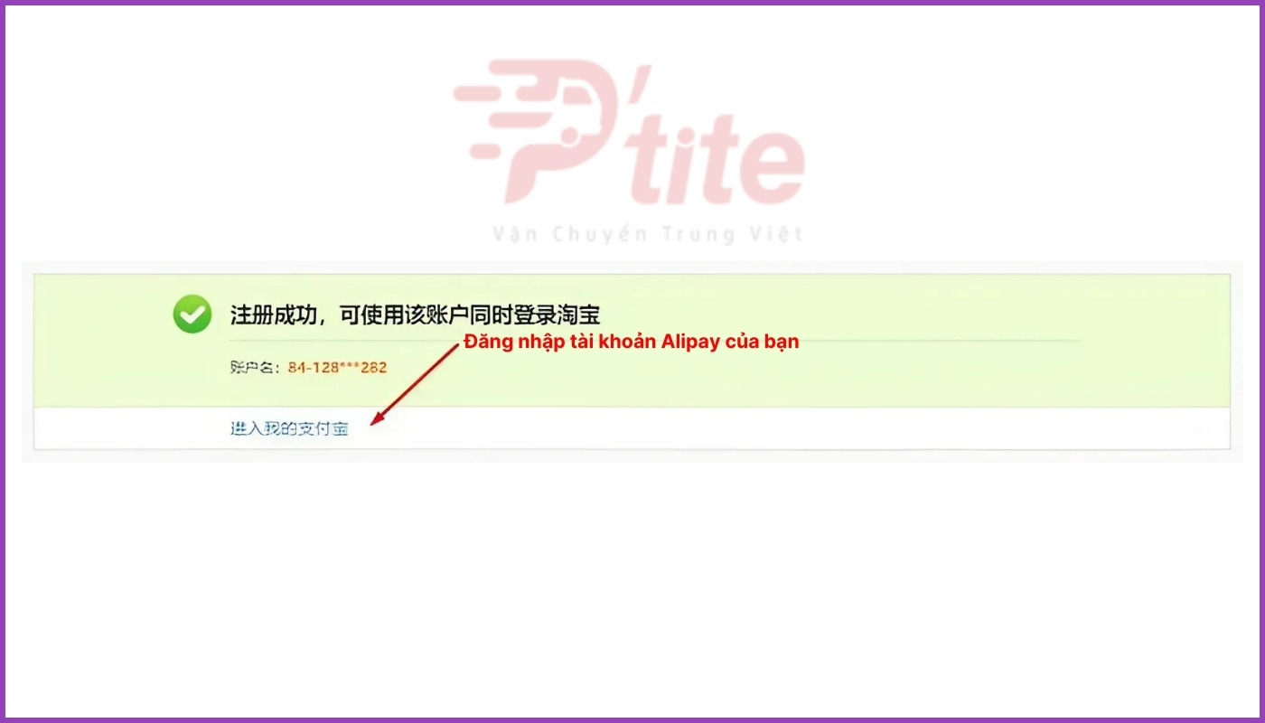 Thông báo tạo tài khoản Alipay thành công