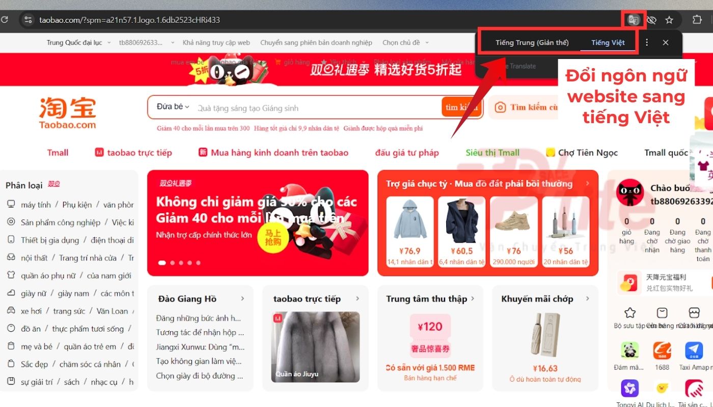 đổi ngôn ngữ để tìm sản phẩm hot trend taobao