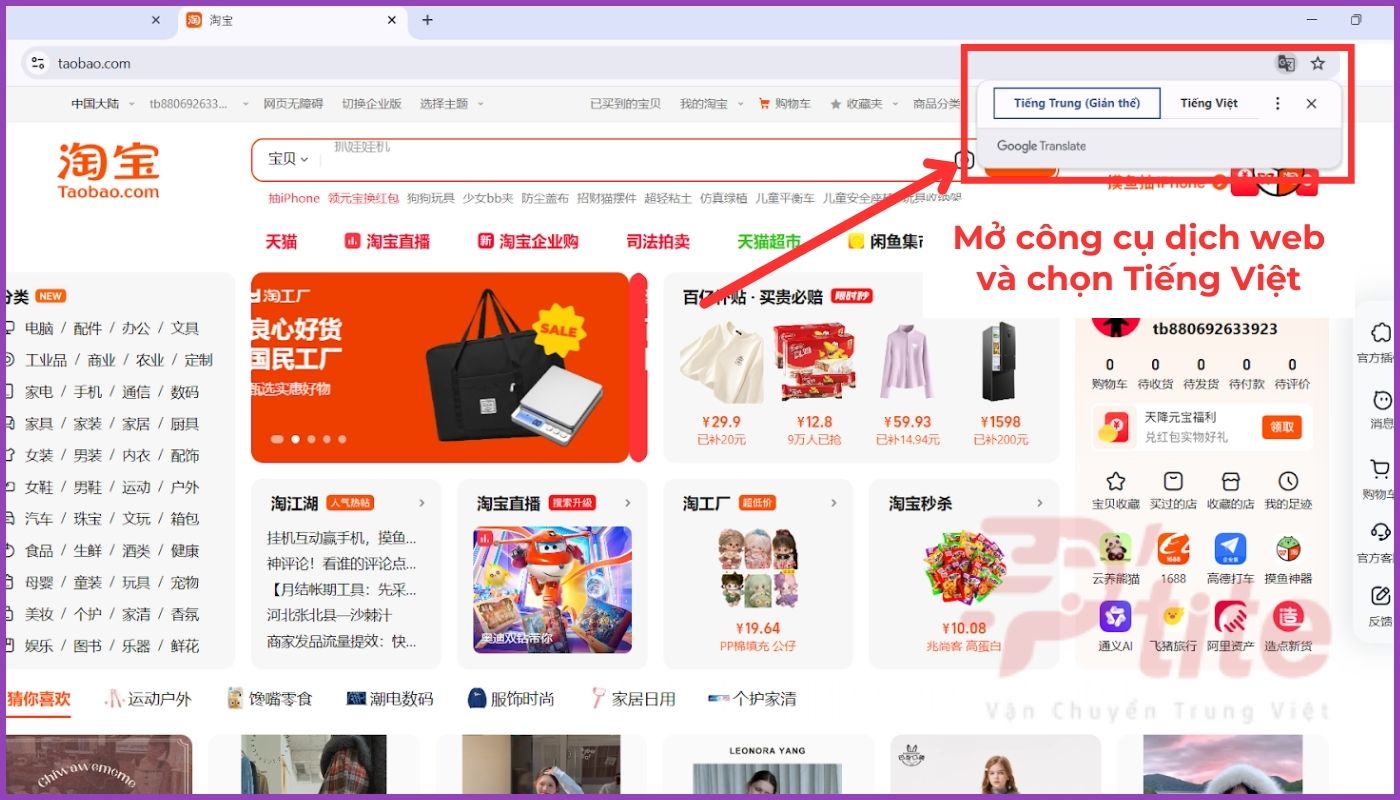 Chọn dịch ngôn ngữ app Taobao sang Tiếng Việt trên hộp thoại google dịch máy tính