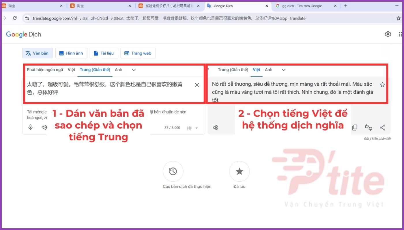 Dán văn bản Taobao đã chọn vào Google Translate