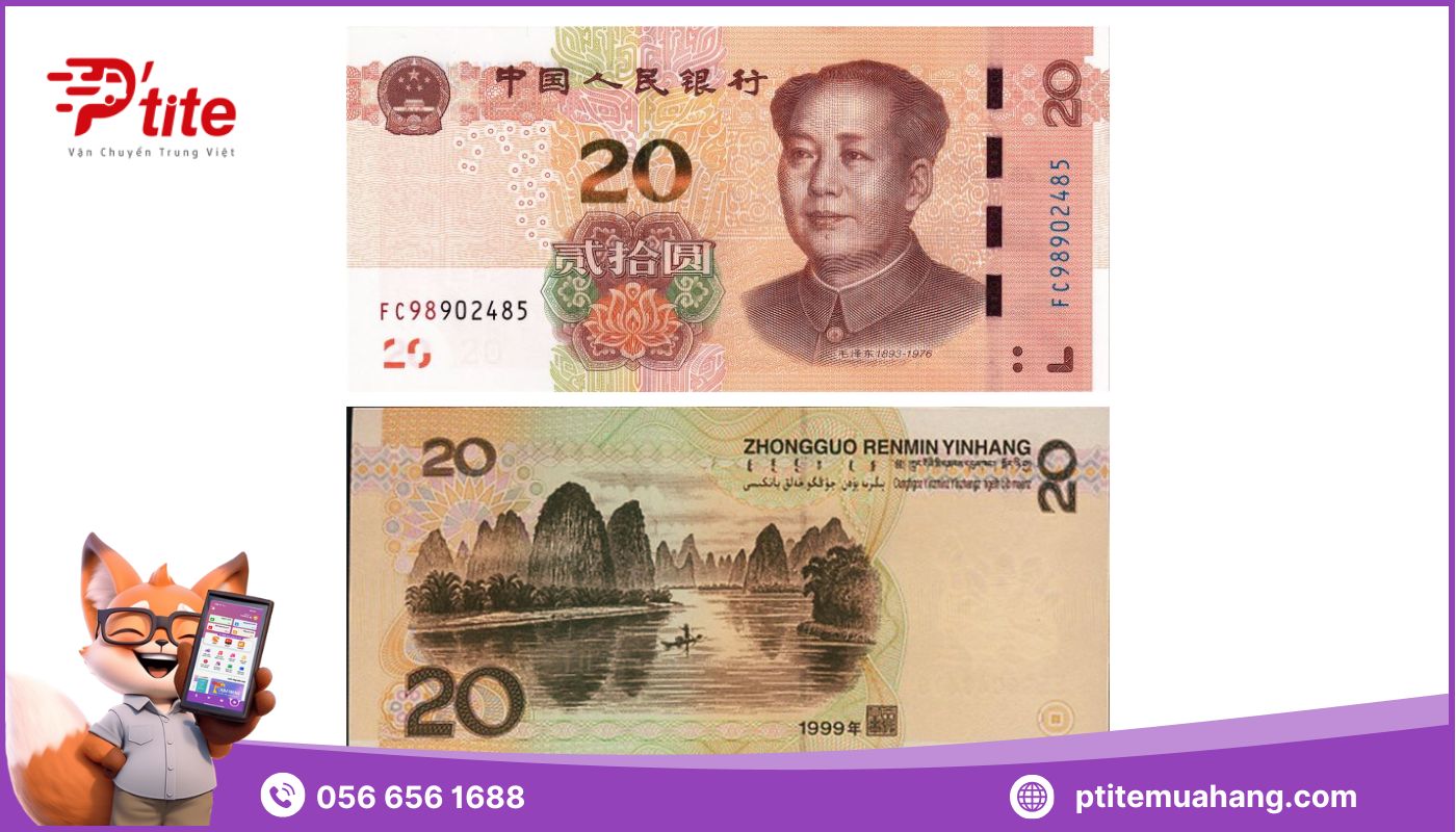 Tờ tiền 20 Yuan in hình sông Li Tây ở Quảng Tây