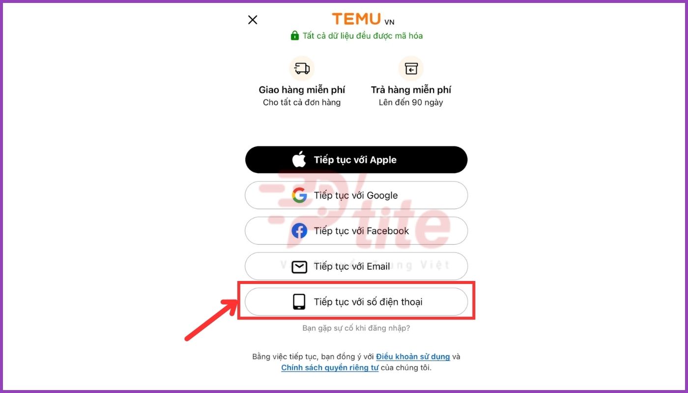 chọn tạo tài khoản Temu bằng số điện thoại