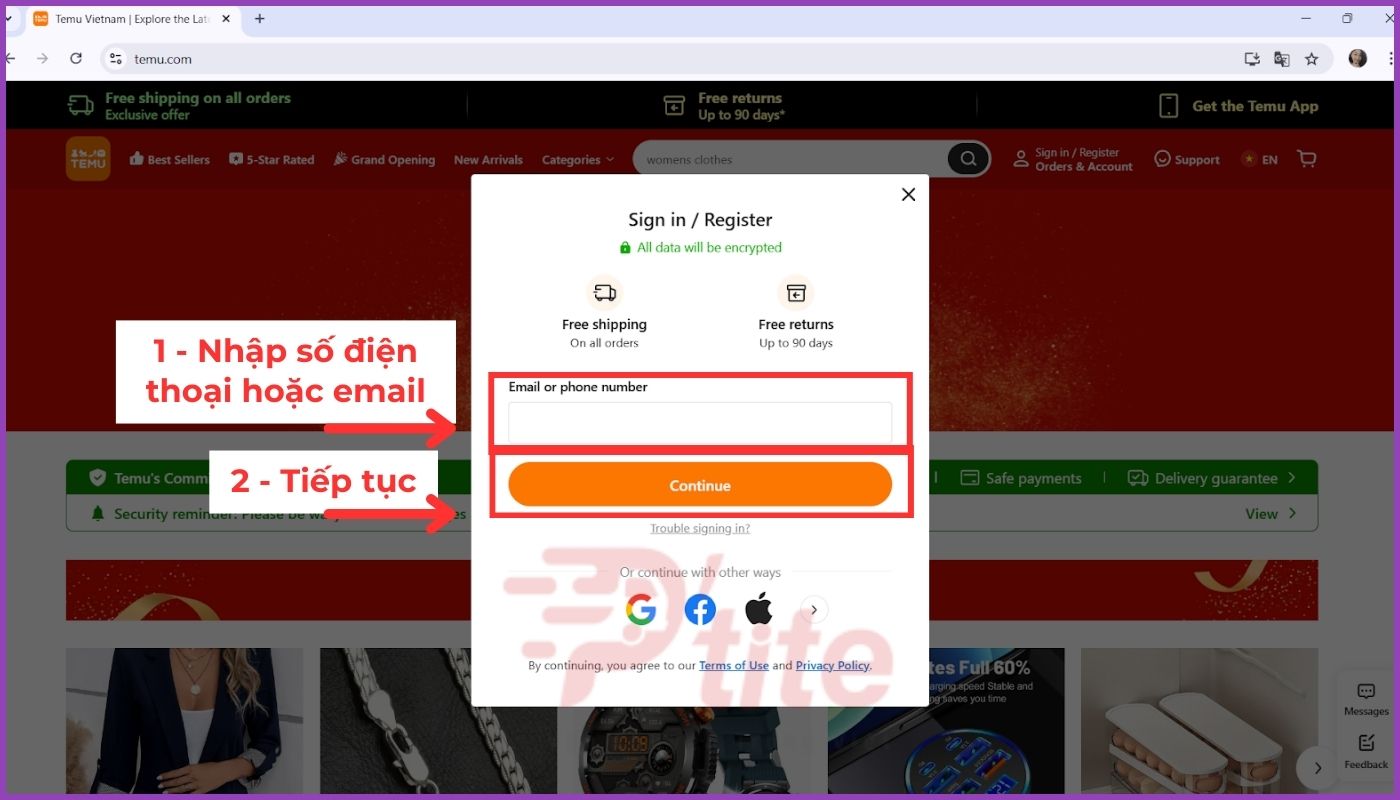 nhập sdt và email để tạo tài khoản temu