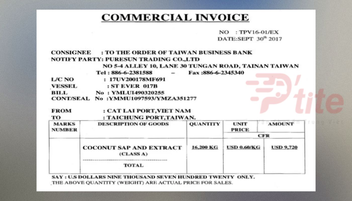 Commercial Invoice cung cấp thông tin khác về cảng và đích đến