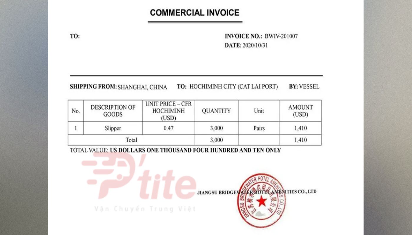 Mẫu Commercial Invoice ngắn gọn