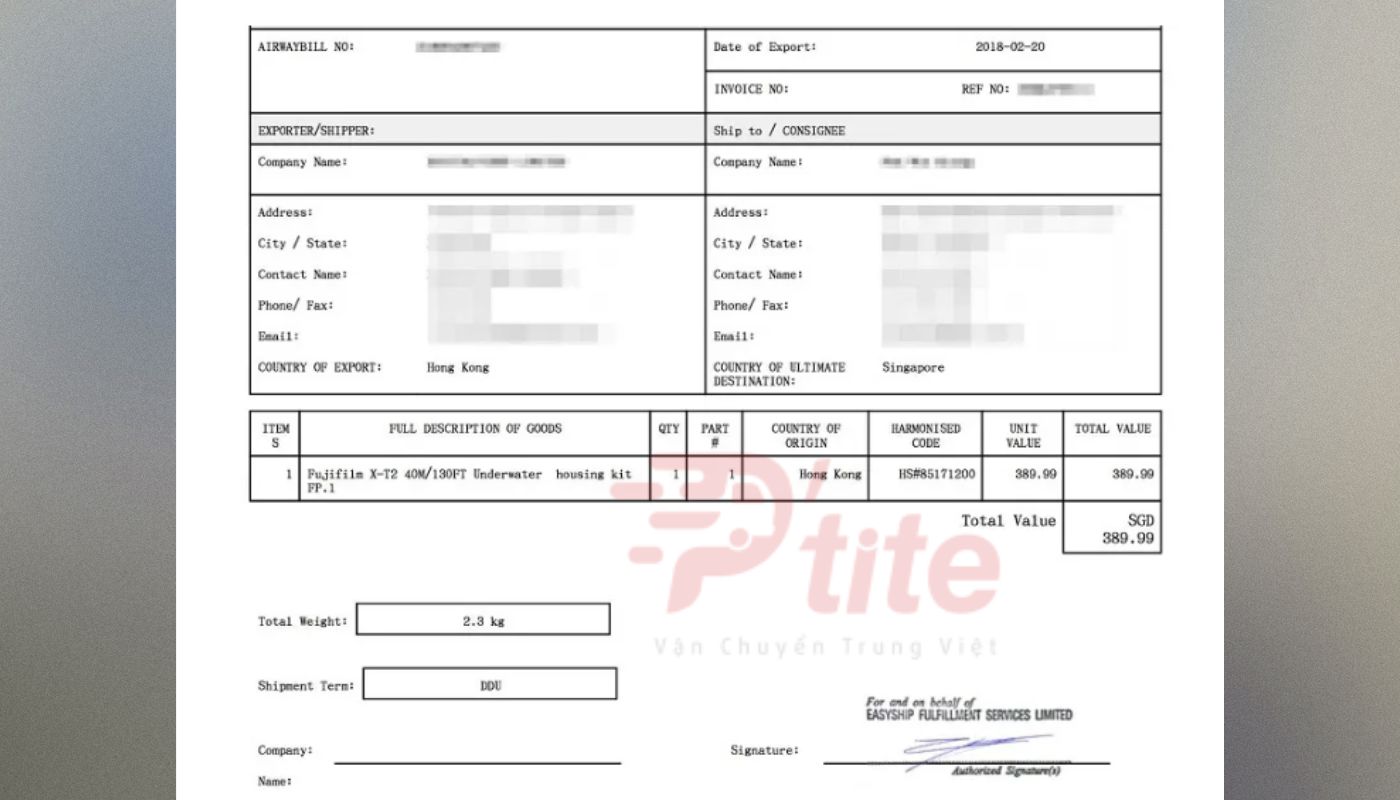 Commercial invoice mẫu chi tiết