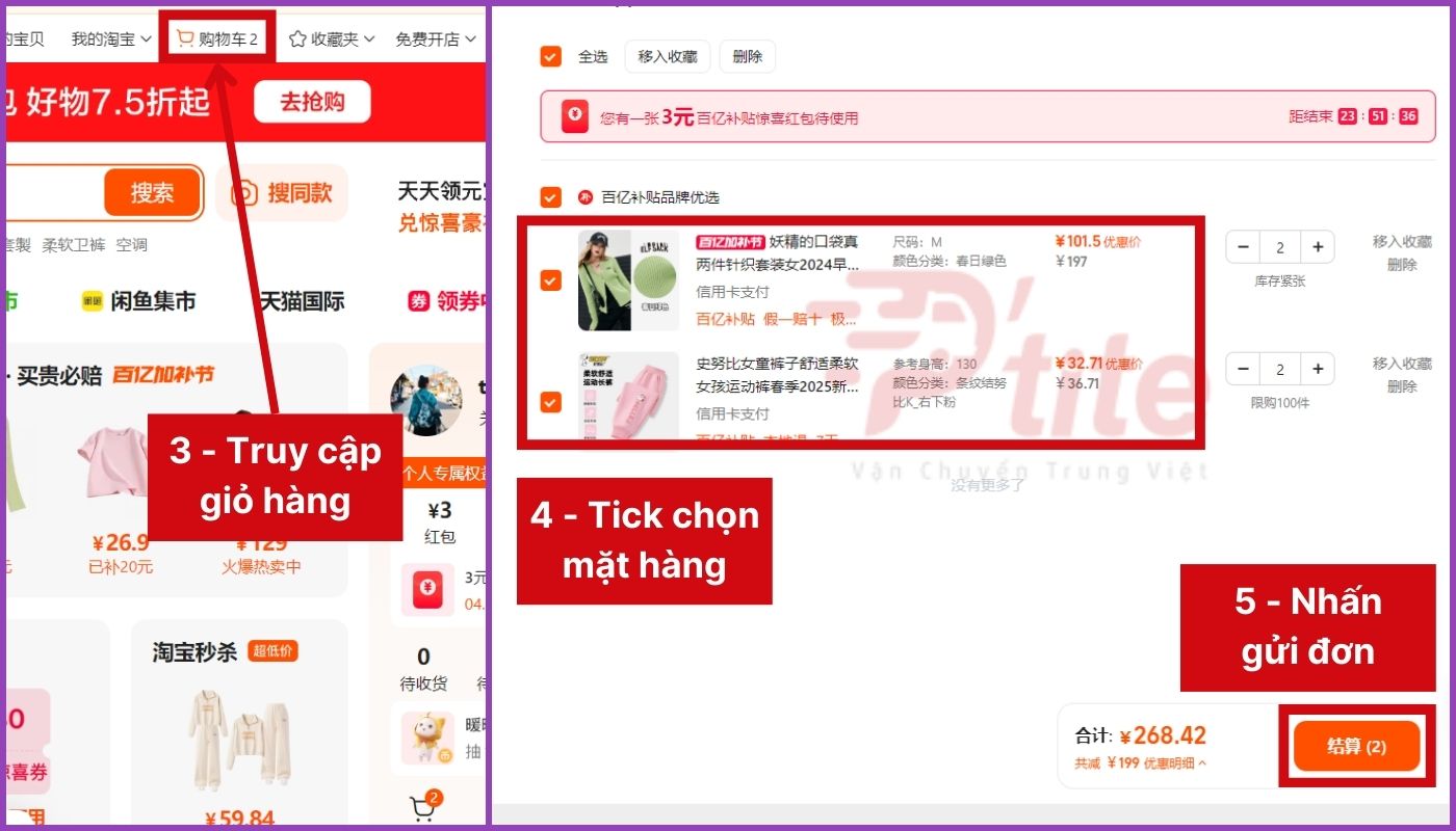 Truy cập giỏ hàng, tick mặt hàng muốn order và chọn Thanh toán 结算