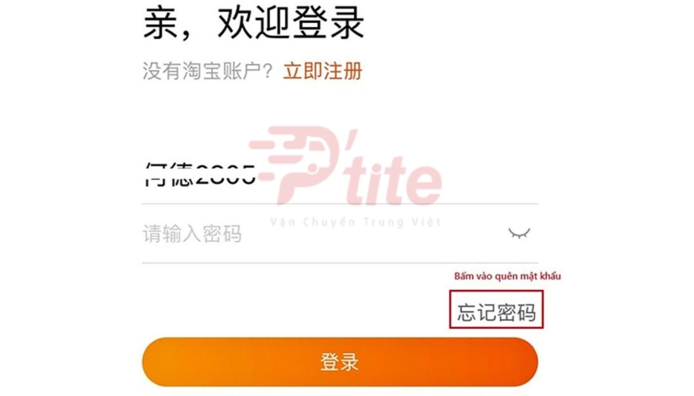 Nhấn chọn mục "Quên mật khẩu" để lấy lại tài khoản Taobao