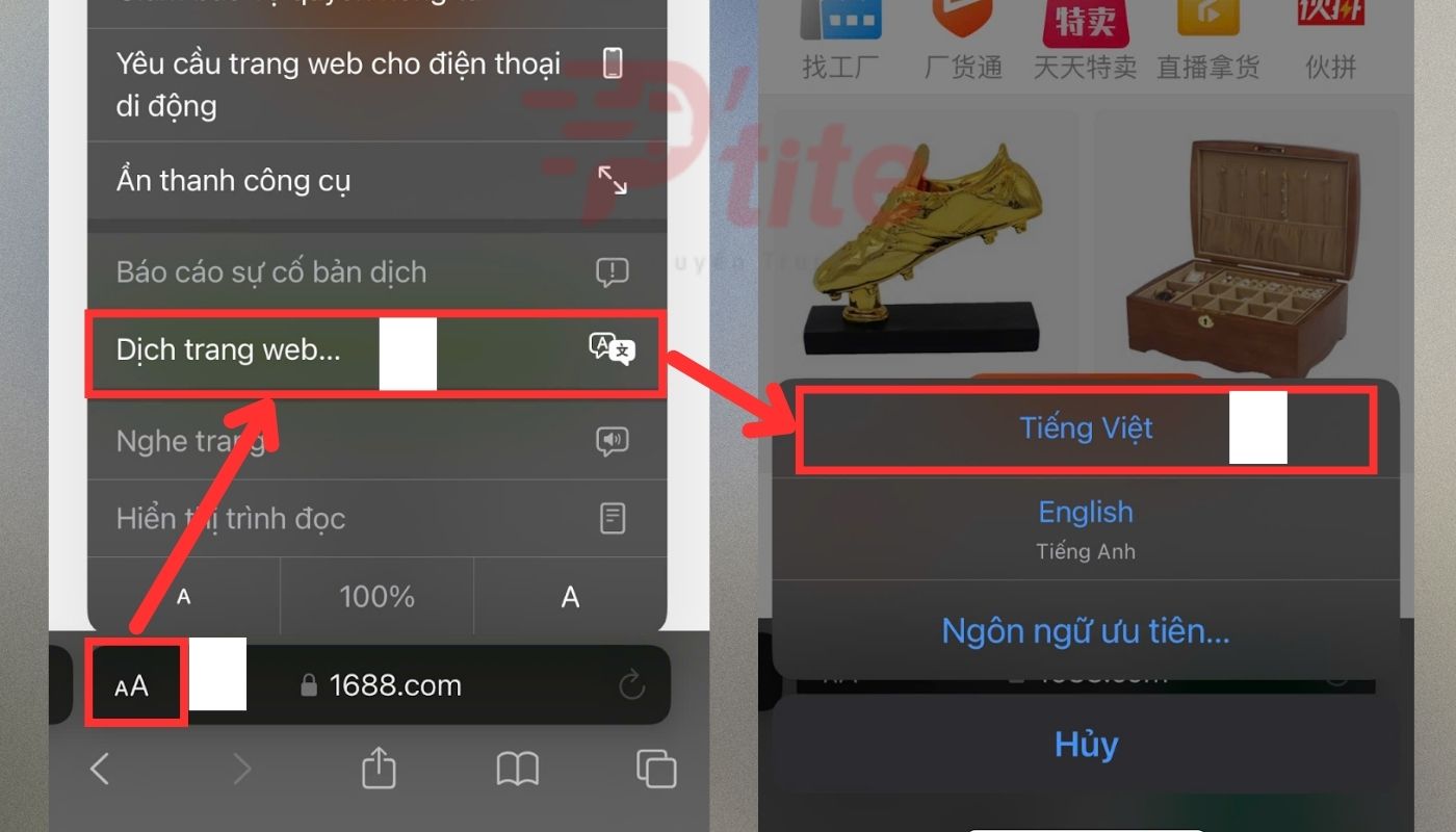 dịch trang web 1688 tiếng việt trong app Safari