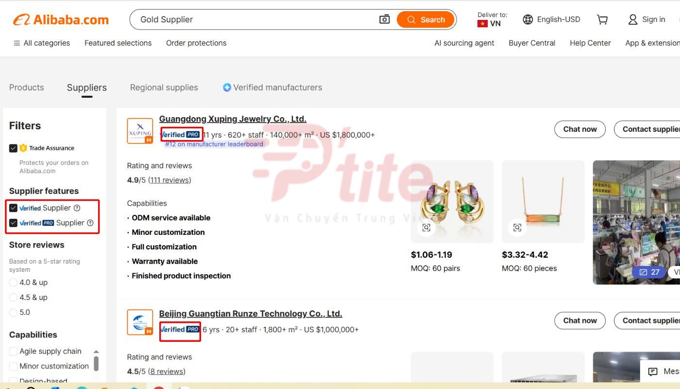 Nhãn Verified dành cho nhà cung cấp đãđược Alibaba xác minh thông tin