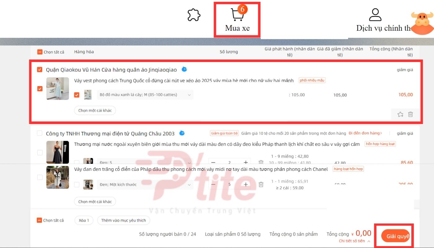 tick chọn sản phẩm cần đặt và nhấn tạo đơn