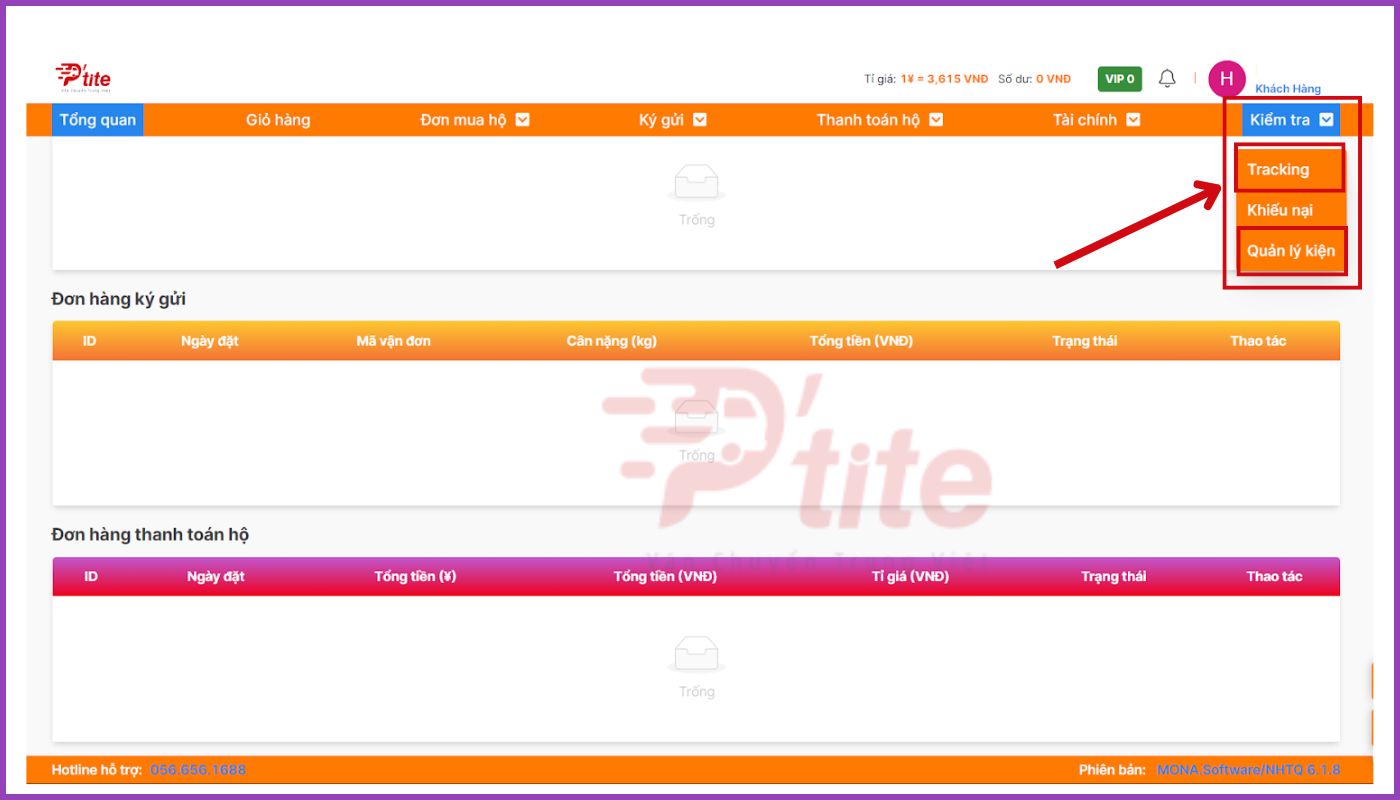 Cập nhật trạng thái vận đơn mới nhất tại mục “Tracking” hoặc “Quản lý kiện”
