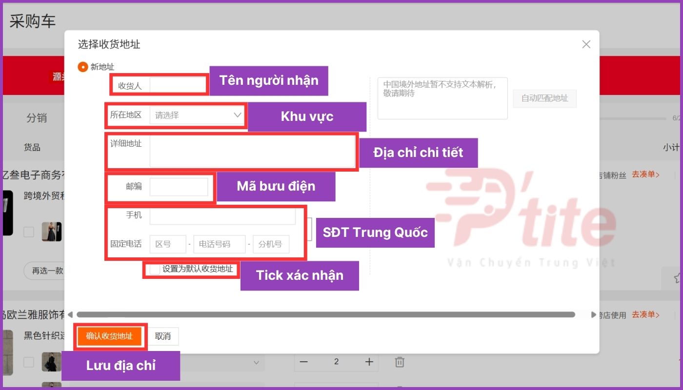 Điền thông tin địa chỉ nhận hàng chi tiết, đặt làm mặc định và lưu địa chỉ
